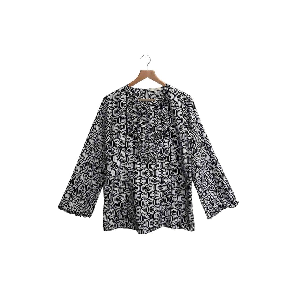 Dorothee Schumacher Geometric Tribal Beaded Silk Blend Black White Blouse Size 4